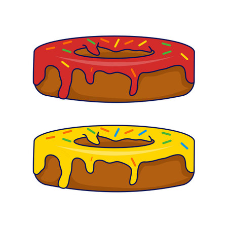 Donut concept with different toppings. Cartoon donuts with different toppings, delicious sweet dessert. Top view donuts with chocolate glaze and sprinkles, flat vector illustrationのイラスト素材