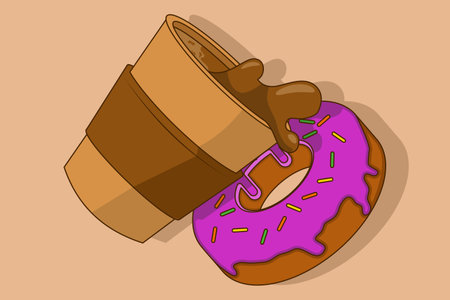 Sweet food and drink concept. Disposable Donuts And Coffee Cups. Coffee Cup and Donut Icon. Coffee or tea to take home or deliver food concept. Vector illustration isolatedのイラスト素材