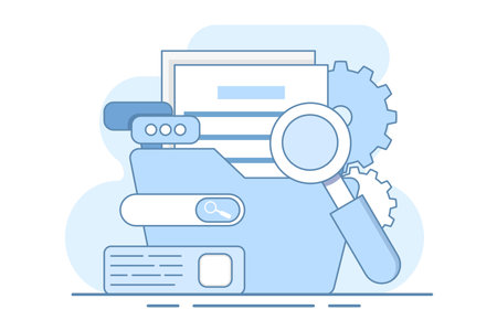 Concept of searching files in files, Magnifying glass with file search, Explore with electronic databases, electronic storage and archives. Flat vector illustration isolatedのイラスト素材
