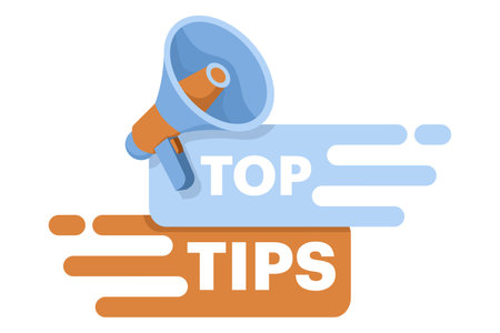 Top Tip Concept. megaphone speaker in your hand to make announcements. Attention please. Screaming person, advertising speech symbol, top end symbol. Thought speech bubbleのイラスト素材