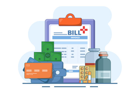 hospital bill concept. medical and health care. Health care wallet, money, pharmacy bottles, medicines and medical items, isolated white background with flat color line style.のイラスト素材
