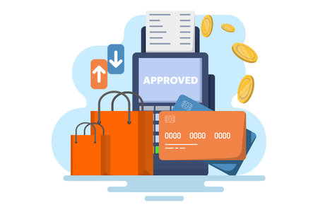 Concept of postal terminal and payment system, Purchase of goods and payment through the terminal. Payment card in the terminal and cash prescription, non-cash transactions.のイラスト素材