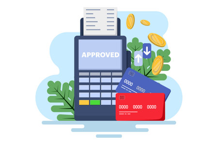 Concept of postal terminal and payment system, Purchase of goods and payment through the terminal. Payment card in the terminal and cash prescription, non-cash transactions.のイラスト素材