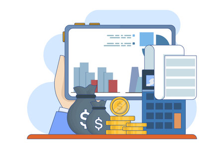 Accounting and finance concept. Budget income. Accounting profit is calculated by subtracting expenses from revenue. Business accountant with calculator. Flat vector illustrationのイラスト素材