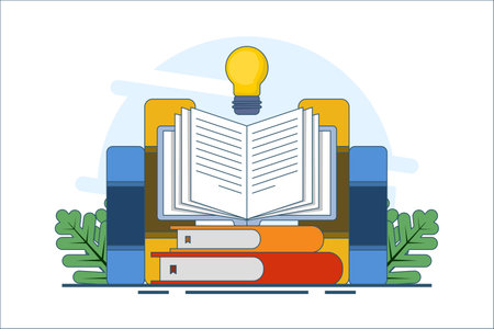 book reference concept, library, stack of books and light bulb. literature, educational design, idea, brainstorming, education and reading. Ideas and inspiration. Symbol or icon.のイラスト素材