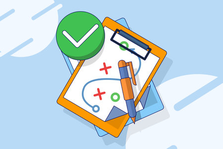Planning strategy concept. Business tactics. Pencil and clipboard. Graphic project analysis. Scheme of actions on a white sheet. Plan to achieve the goal. Flat vector illustrationのイラスト素材