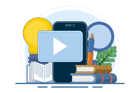 Concept of online education or distance learning, e-learning, online courses, online webinars, video tutorials, webinars, online business training, computer education, flat vectorのイラスト素材