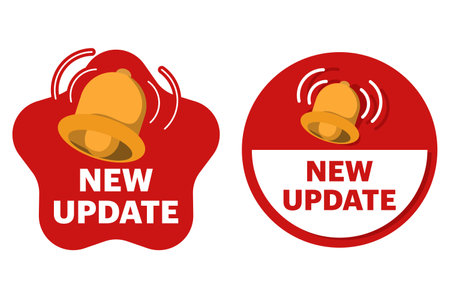 New updated vector icon set, Round Label with New Update Text. New update with bell. Modern banner with notification bell. Announcement for new update. Vector illustration.のイラスト素材