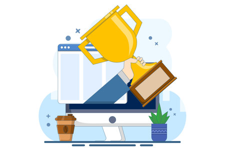 Online web award concept or digital internet website winner winning prize on laptop computer, flat cartoon winning gold trophy, championship competition prizeのイラスト素材
