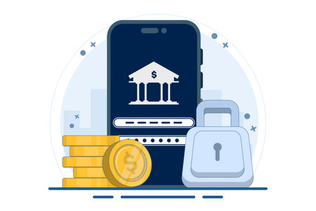 Safe and secure financial app concept, Smart phone with gold coin and key, secure payment, money protection and financial security. digital marketing. flat vector illustration.のイラスト素材