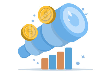 business opportunity concept. vision and future. seeking profit and money. a visionary seeks opportunities and chances to succeed using a telescope. flat vector illustration.のイラスト素材