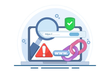 concept of protection system from malicious links. dangerous and suspicious url addresses. unsafe website addresses. chain with shield and warning sign. flat vector illustration.のイラスト素材