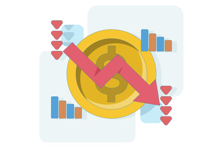recession concept. economic downturn, profit or income. decreasing currency value. coin with down arrow. economic and financial problems. flat vector illustration on background.のイラスト素材