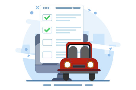 Car vehicle checklist inspection concept or car maintenance technical service flat graphic illustration, car safety inspection review, buy automotive verification inspection.のイラスト素材