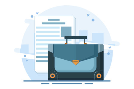 Lawyer document bag concept, business law portfolio clip art illustration, legal jurisprudence contract policy document, case bag with corporate office permit form isolated. Vectorのイラスト素材