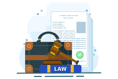 Lawyer document bag concept, business law portfolio clip art illustration, legal jurisprudence contract policy document, case bag with corporate office permit form isolated. Vectorのイラスト素材