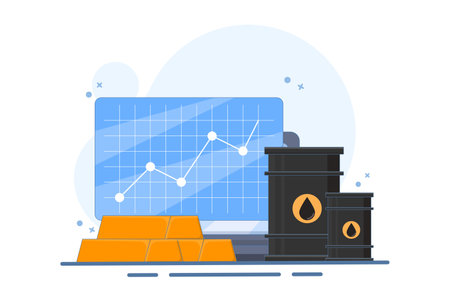 Global gold and crude oil trading market concept, Oil barrel with gold bars and devices on isolated background, digital marketing. Flat vector illustration on background.のイラスト素材