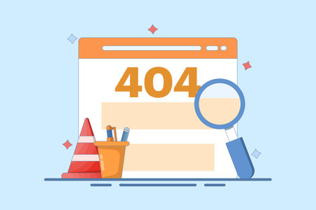 Concept of 404 error, page not found, security service warning message. Studying question mark inside text 404 with magnifying glass, examining the cause of web page crash.のイラスト素材