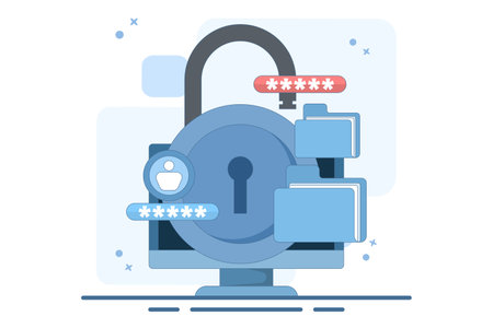 file security and safety concept. folder lock application or software. giving a password to a document. user with a big padlock. vector illustration in flat style design.のイラスト素材