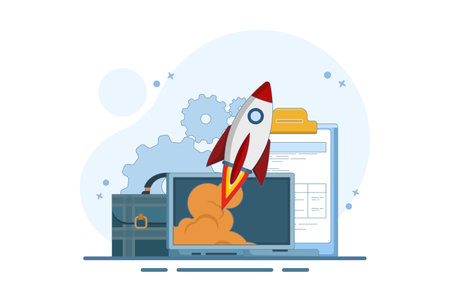 growth and success concept in business. rocket launch from briefcase containing coins and clipboard, symbolizes growth and success in business. flat vector illustrationのイラスト素材