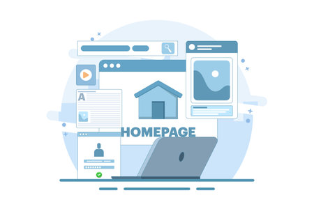 Homepage concept, web page design on laptop. working on website homepage development, optimization and setup. Modern flat cartoon style. Vector illustration on background.のイラスト素材