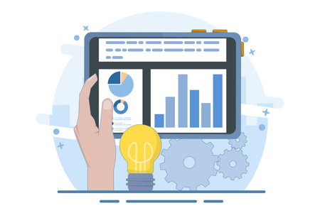 Business Graphics Report on Tablet and Bulb Idea. Business Intelligence Concept. Accurate information research, business intelligence and successful strategy planning. Flat Vectorのイラスト素材