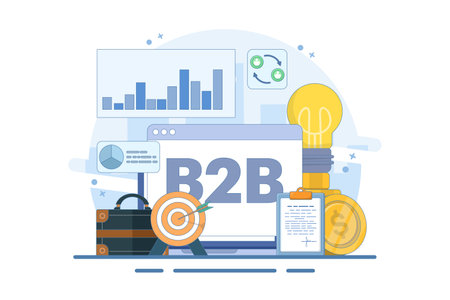 Online business concept between businesses. Successful business collaboration. Businessmen make deals. Marketing strategy, trade. Modern flat cartoon. Flat vector illustrationのイラスト素材