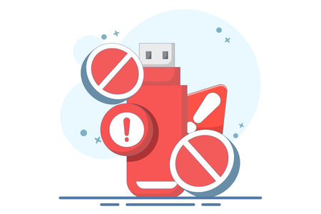 dangerous flashdisk or USB flash drive concept. flashdisk with exclamation mark. safety and security warning. be careful. icon or symbol. minimalist style design.のイラスト素材