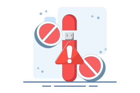 dangerous flashdisk or USB flash drive concept. flashdisk with exclamation mark. safety and security warning. be careful. icon or symbol. minimalist style design.のイラスト素材