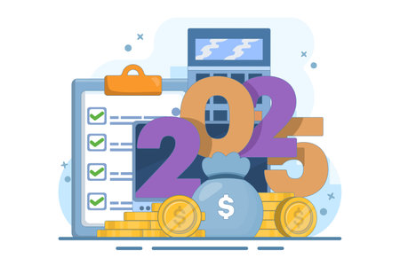 budget concept for 2025. Business or family financial planning. Explore the booth near the date 2025, calculator, coins, globe. Modern flat style, flat vector illustrationのイラスト素材