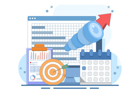 Business vision concept. Finding and realizing the company's mission. Economic research and forecast visualization. Modern flat style, mobile application. Flat illustration.のイラスト素材