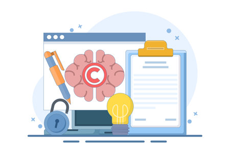 Intellectual property concept. Copyright. Small authors protect legal information ideas with trademarks. Screen templates for landing pages, templates, interfaces, web, mobile appsのイラスト素材