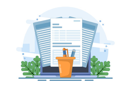 Concept Review of educational textbooks on creative writing and storytelling. Concept of storytelling, creative writing, pencil and paper, copywriting, flat vector illustrationのイラスト素材