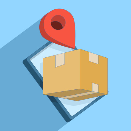 Cardboard package concept with location pins, representing shipping, delivery service or logistics tracking. Accurate delivery, e-commerce graphics. Flat vector illustrationのイラスト素材