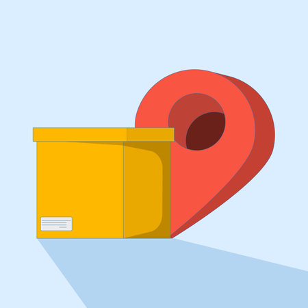 Cardboard package concept with location pins, representing shipping, delivery service or logistics tracking. Accurate delivery, e-commerce graphics. Flat vector illustrationのイラスト素材