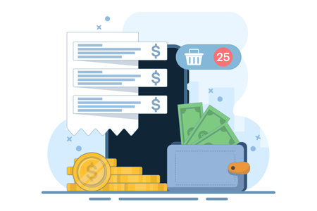 Mobile banking concept. Digital wallet, payment system, mobile banking, money transfer. Wallet, money, mobile app. Icon. Stylish abstract. Flat Cartoon Vector Illustration.のイラスト素材