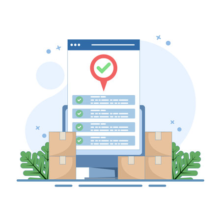 Mobile online cargo courier logistics concept for goods delivery service via city map, for postal warehouse delivery. Package tracking technology. Flat cartoon design illustration.のイラスト素材