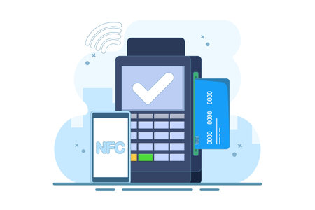 NFC Payment Concept, financial transaction, payment terminal and online payment card. using POS terminal and payment system. Modern flat cartoon style. Vector illustrationのイラスト素材