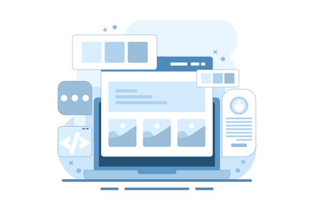 Website development company concept, Application development, Website maintenance, Coding and programming, Software testing. Vector illustration background with icons.のイラスト素材