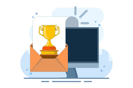 Concept of online web digital prize received via computer icon, electronic email winner, internet prize achievement, victory gold cup trophy, championship competition.のイラスト素材
