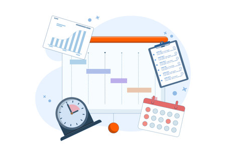 Project Management Concept, software development planning, resource and budget planning, project schedule diagram, gantt chart for work deadline, project management software.のイラスト素材