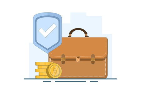 Safe Business Investment Concept. Briefcase with Shield and Coins. Income protection with shield. safe financial transactions. Flat Vector Illustration Design on background.のイラスト素材