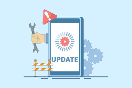 System Maintenance Concept, Smartphone Software Update Screen, Update Process, Software Installation, Operating System, Operating System Support. Flat Vector Illustrationのイラスト素材