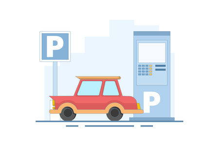 Concept of parking a car in a parking area, parking lot. Public car parking in a big city. Urban transportation. Road signs. Modern flat cartoon style. Flat design illustrationのイラスト素材