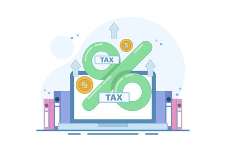 big tax concept. business tax keeps increasing and getting bigger. financial problems. increasing tax percentage. annual income tax. flat style design illustration on background.のイラスト素材