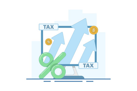big tax concept. business tax keeps increasing and getting bigger. financial problems. increasing tax percentage. annual income tax. flat style design illustration on background.のイラスト素材