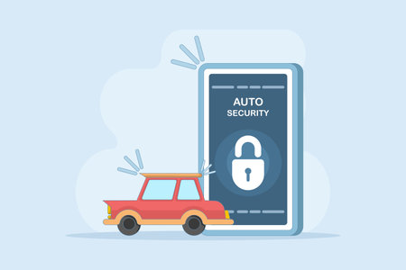 Car security system concept. car alarm. Car alarm application on the phone screen. Protection inclusion via smartphone. Flat style vector illustration on the background.のイラスト素材