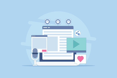 Content Marketing Concept that attracts audience, Various content marketing strategies, Viral content that attracts audience. Podcast, video and text content. Flat vectorのイラスト素材