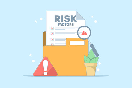 Risk Factor Analysis Concept Design, Document with Magnifying Glass and Warning Sign. Document shows business risks. Risk management, business mistakes, strategy and planning.のイラスト素材