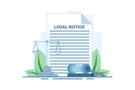 Legal Notice Concept. Legal Notice Document with Judge's Hammer. Corporate documents, agreement review, data protection metaphor. Flat Vector Illustration on Background.のイラスト素材